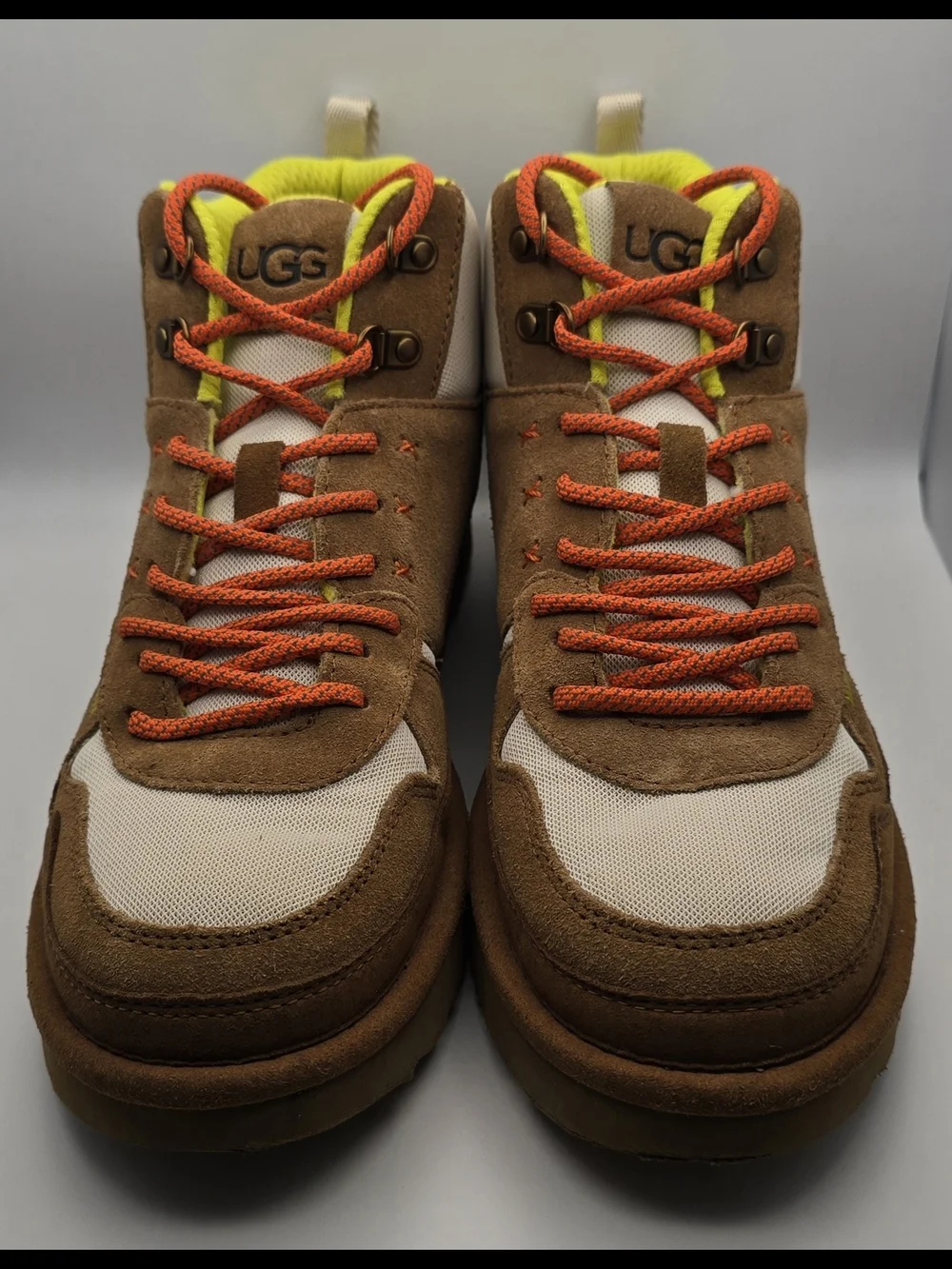 UGG Brown and Cream High-Top Suede Hiking-Style Boots with Orange Laces